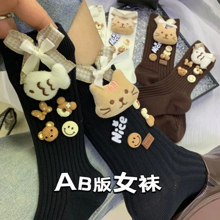 新秋中筒女袜个性卡通日系风格袜子个性女袜AB版女袜猫与鱼的故事
