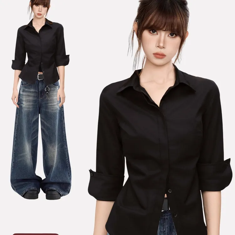 MISU/糜素黑色polo正肩短袖衬衫女夏季气质修身衬衣通勤穿搭半袖