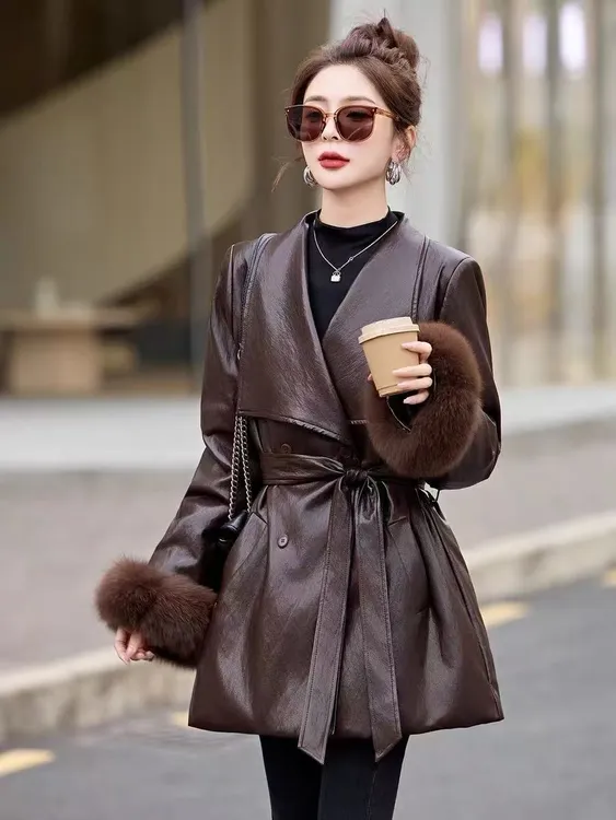 X559280-冬季新款轻奢风中长款毛毛女西装领系带收腰外套