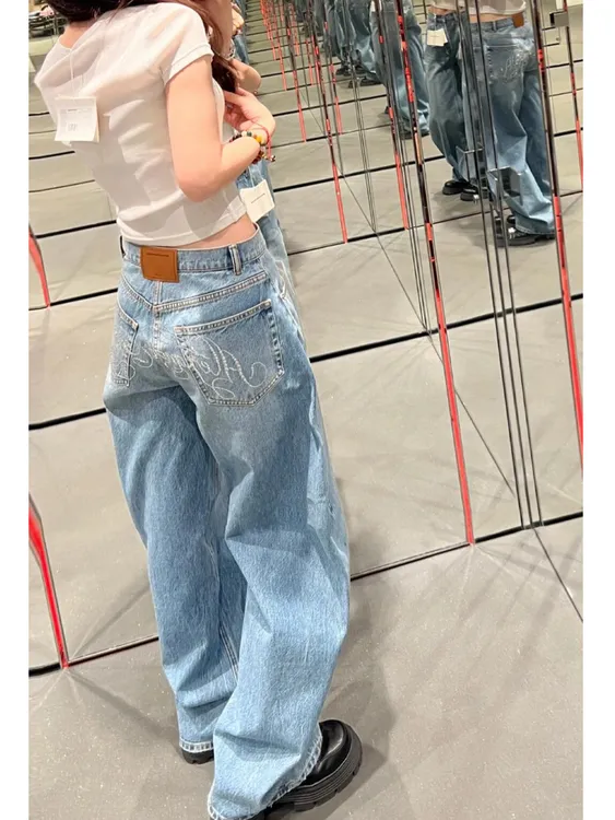 【清仓+运费险】美式烫钻牛仔裤女秋季直筒显瘦不贴腿阔腿拖地裤子