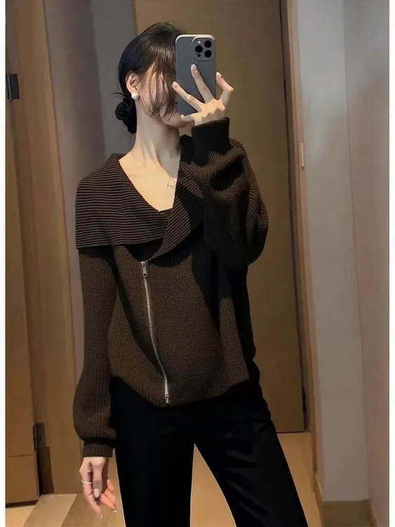 SS5514巨好看轻熟气质上衣小众不撞款高级感宽松显瘦棕色针织衫