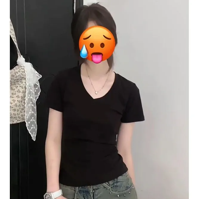 V领正肩女t恤短袖夏2025新款基础款修身显瘦灰色内搭打底上衣P973