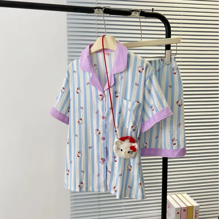 Baldauren韩ins睡衣女春夏新款卡通可爱凯蒂猫开衫短袖短裤休闲家