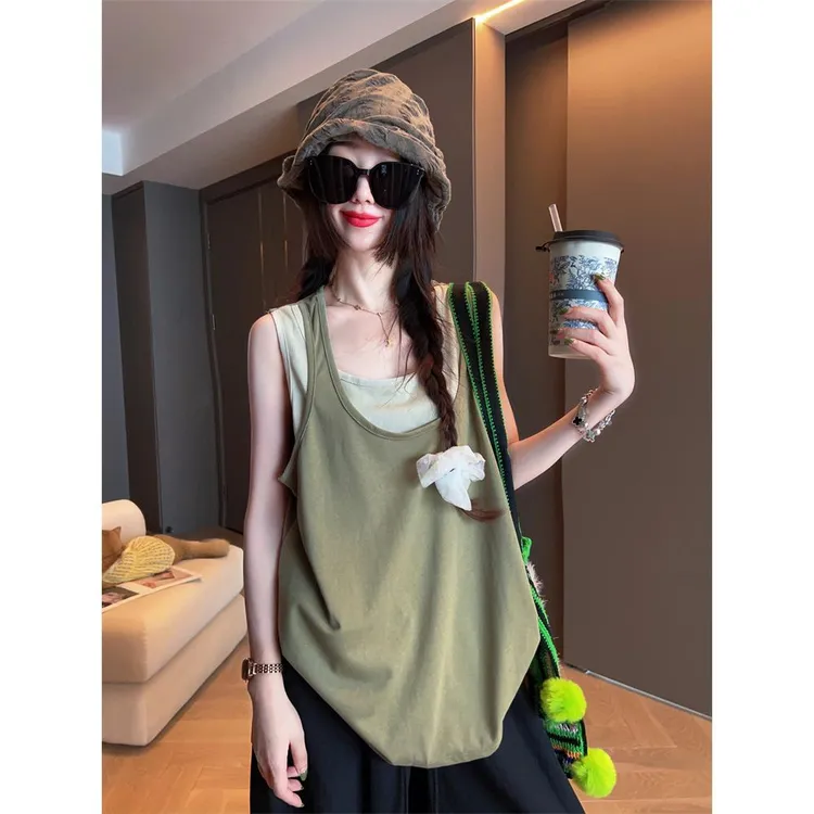 300斤特大码夏季时尚假两件男士无袖T恤2025宽松休闲百搭设计上衣