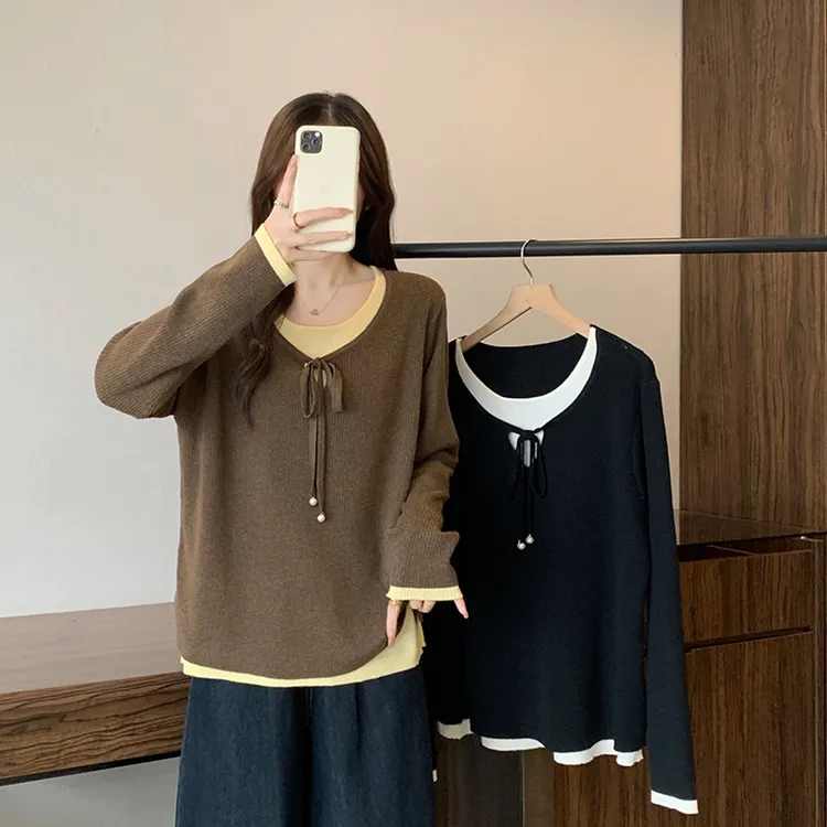 2025冬装款胖mm大码女休闲百搭叠穿假两件撞色长袖针织上衣 72166