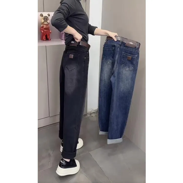 秋冬新款加绒加厚弯刀牛仔裤女时尚减龄显瘦直筒拖地裤遮肉阔腿裤