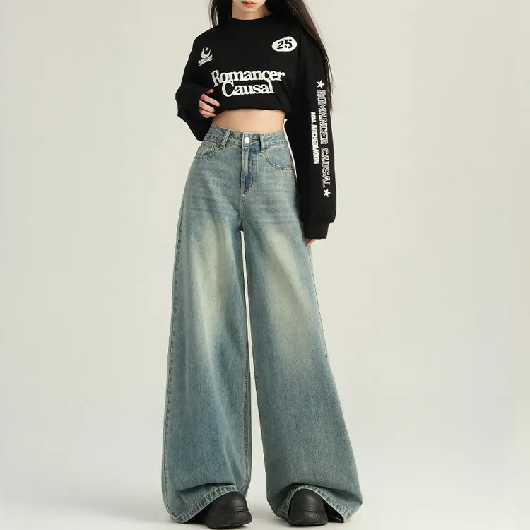 怀旧蓝阔腿牛仔裤女2025秋季新款高腰宽松显瘦垂感直筒拖地裤子
