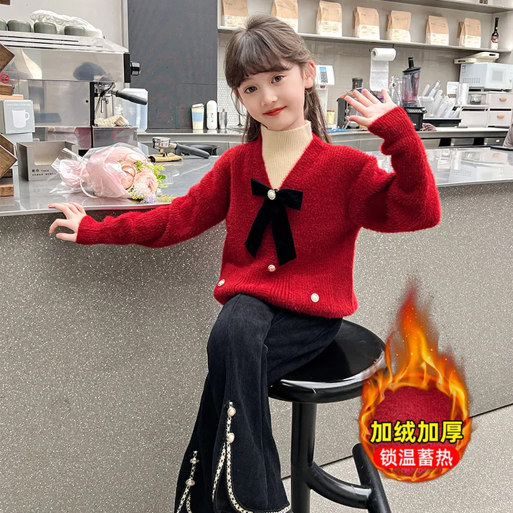 女童新年毛衣喇叭裤套装秋冬2026新款儿童过年喜庆衣服大童拜年服