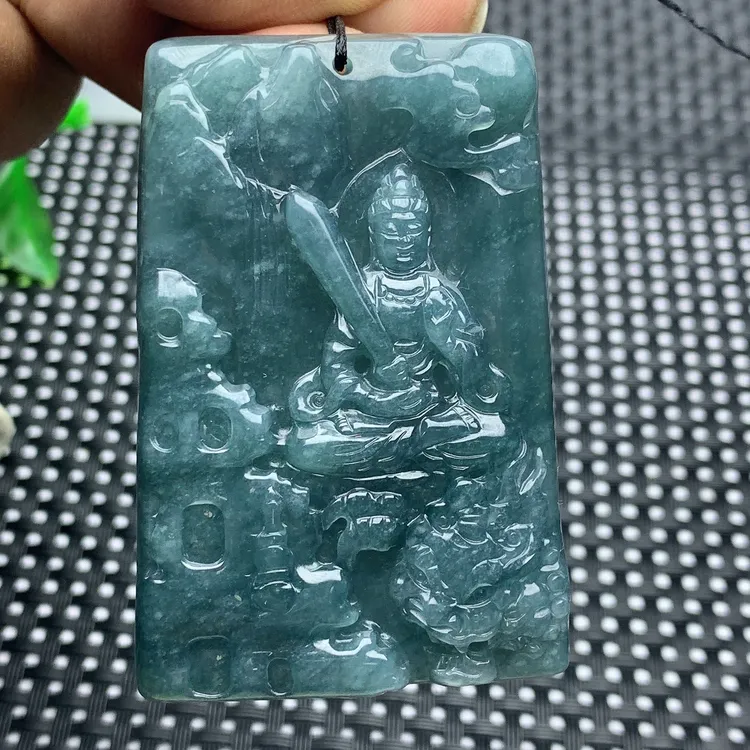 天然a货翡翠危料老蓝水山水文殊菩萨吊坠守护神男款精雕巧雕俏色