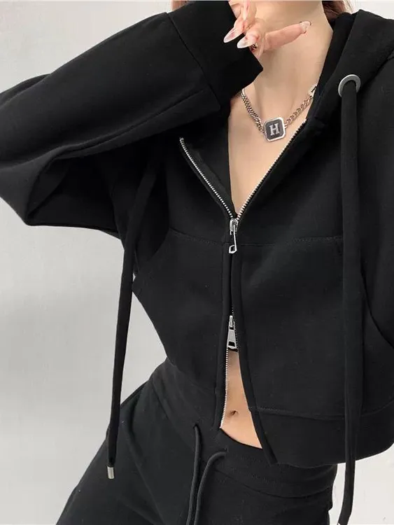 2025新款复古短款露脐连帽卫衣女春秋宽松休闲拉链开衫长袖外套