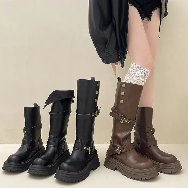 OJRZ可翻折两穿皮带扣不过膝长筒靴子女秋冬新款中筒厚底时装靴潮