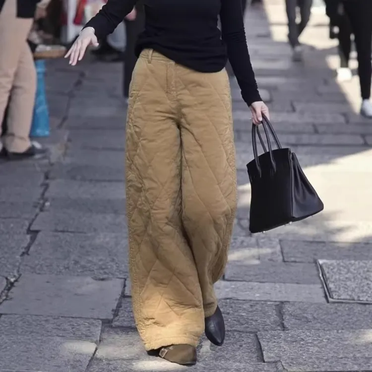卡其色夹棉裤阔腿裤女2025新款冬垂坠感高级感宽松慵懒风条绒裤子
