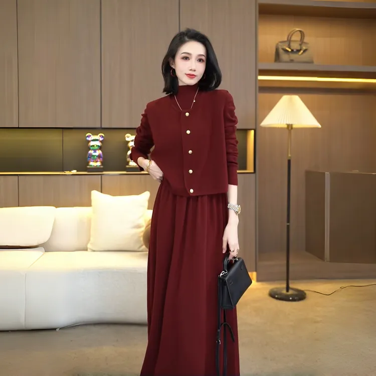 秋冬季炸街一整套洋气衣服女装针织马甲连衣裙子两件套套装7399