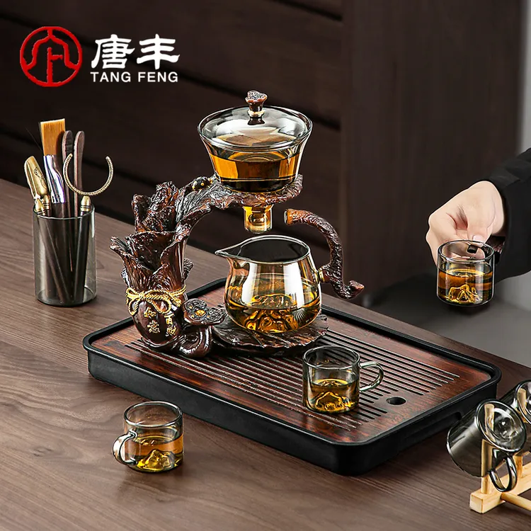 唐丰玻璃百财如意自动茶具家用办公懒人茶水分离泡茶磁吸茶水分离