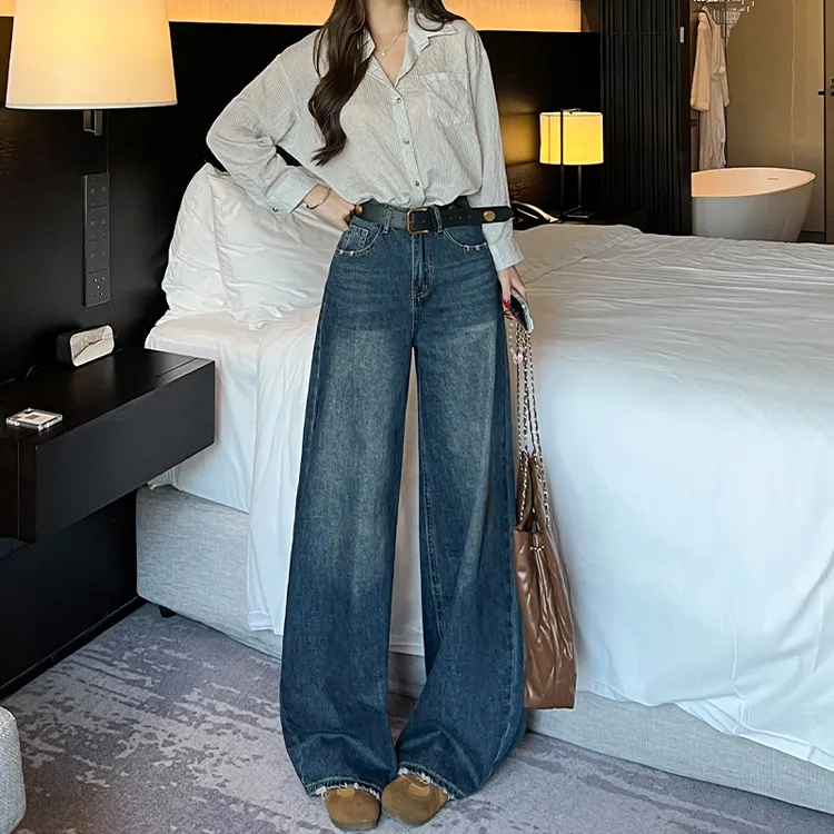 美式复古磨破设计阔腿牛仔裤女2025早秋新款高腰宽松垂感直筒百搭