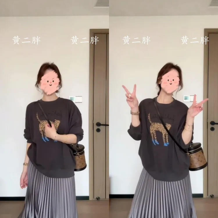 美式豹子印花高级灰长袖卫衣女秋冬时髦休闲显瘦圆领上衣+半身裙