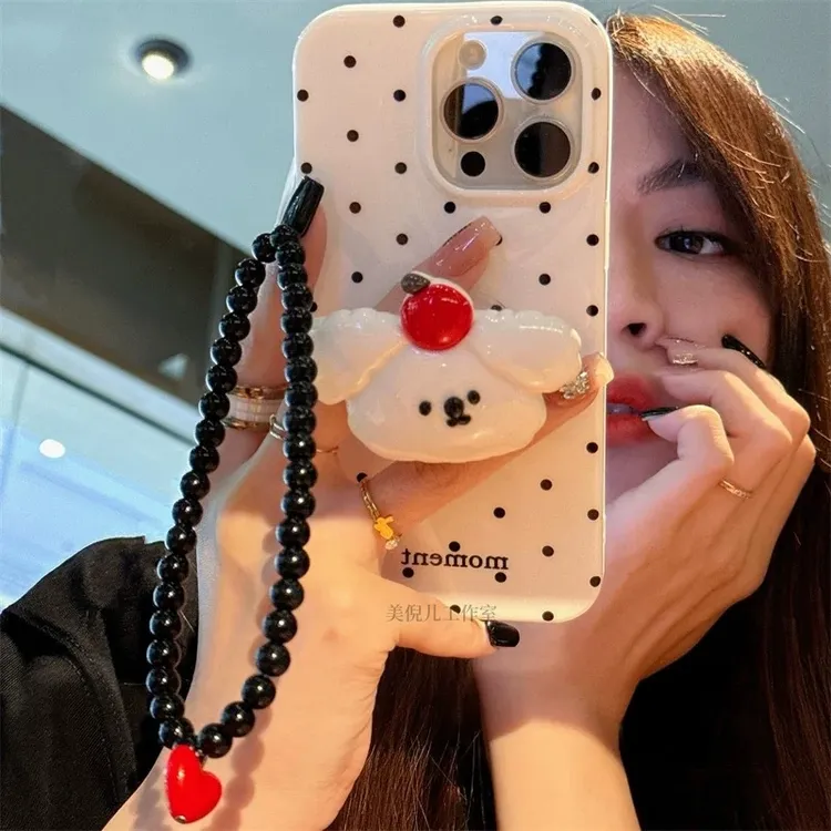 波点卡通狗狗支架适用苹果vivoOPPOiPhone华为小米红米链条手机壳
