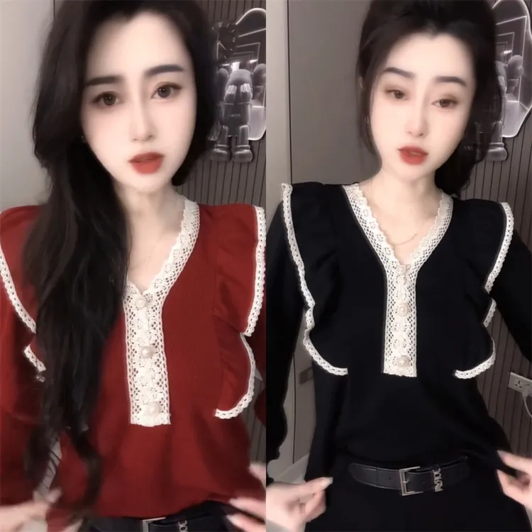 法式修身V领蕾丝荷叶边内搭打底衫2025春季新款显瘦长袖t恤上衣潮