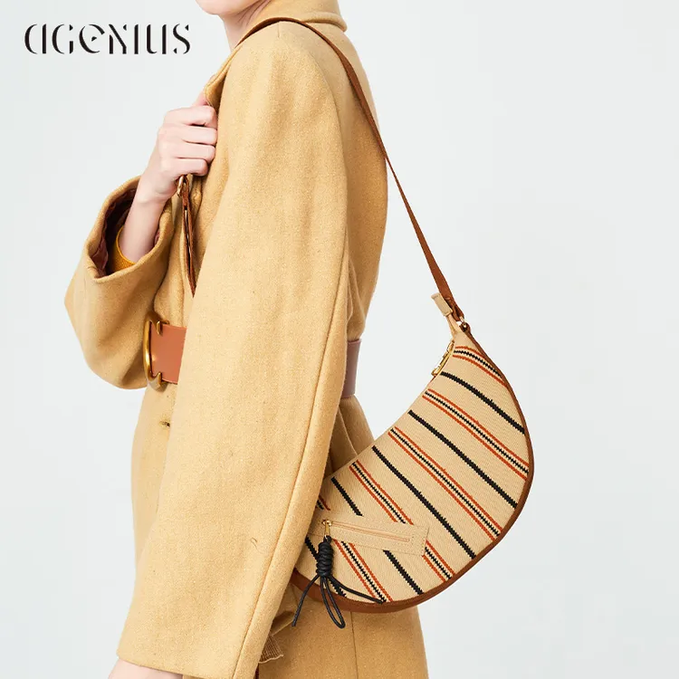 DGENIUS原创包包女2025新款条纹编织单肩包斜挎包欧美通勤月牙包