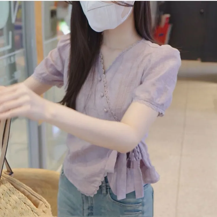 蕾丝边绑带蝴蝶结短袖衬衫女2025夏季新款蝴蝶结设计感收腰上衣