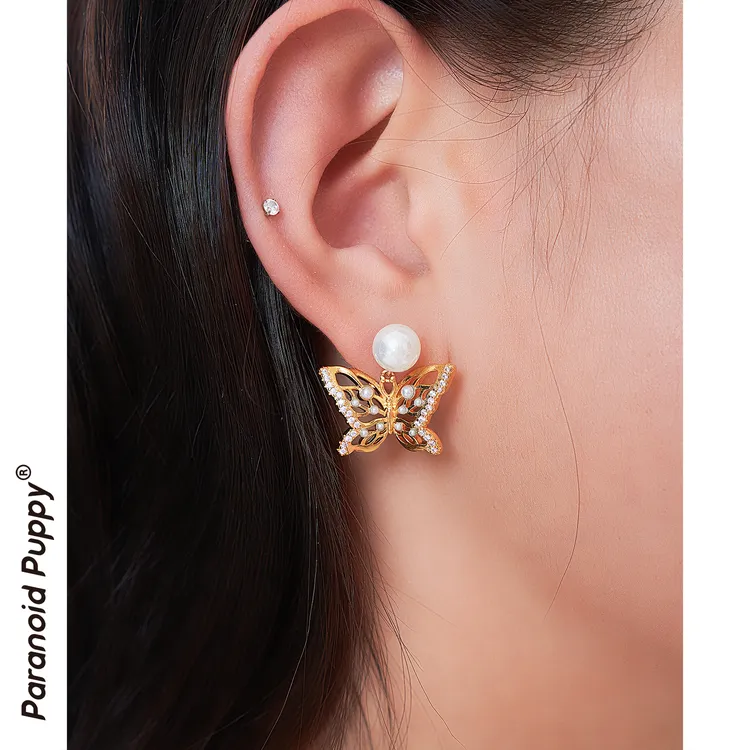 合金合成锆石耳饰 饰品《鎏》精致千金风蝴蝶耳钉百搭耳夹法式复古