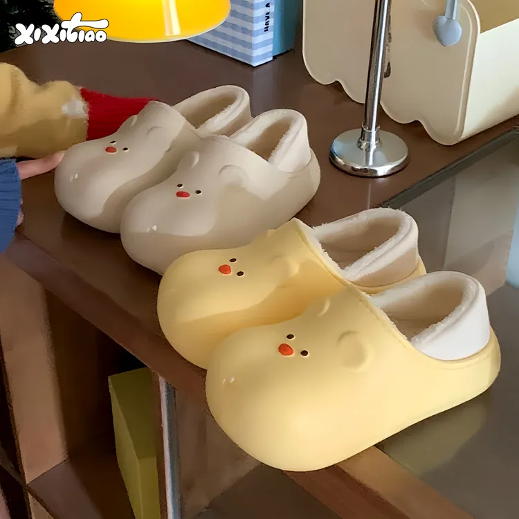 细细条 防水棉拖鞋女冬软萌小熊保暖包跟防滑月子鞋室内外穿棉鞋