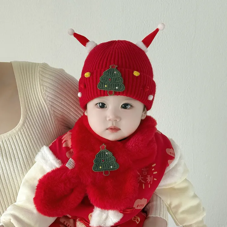 【小布丁】宝宝帽子婴儿秋冬款儿童围巾男女童秋冬季红色圣诞新年帽