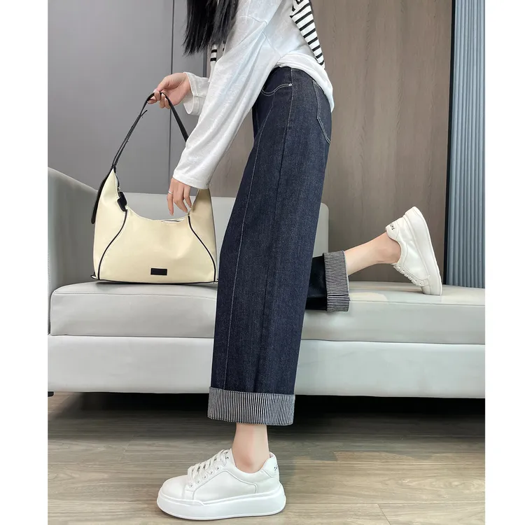 深蓝色阔腿裤女春秋季新款高腰宽松显瘦小个子百搭休闲直筒裤女