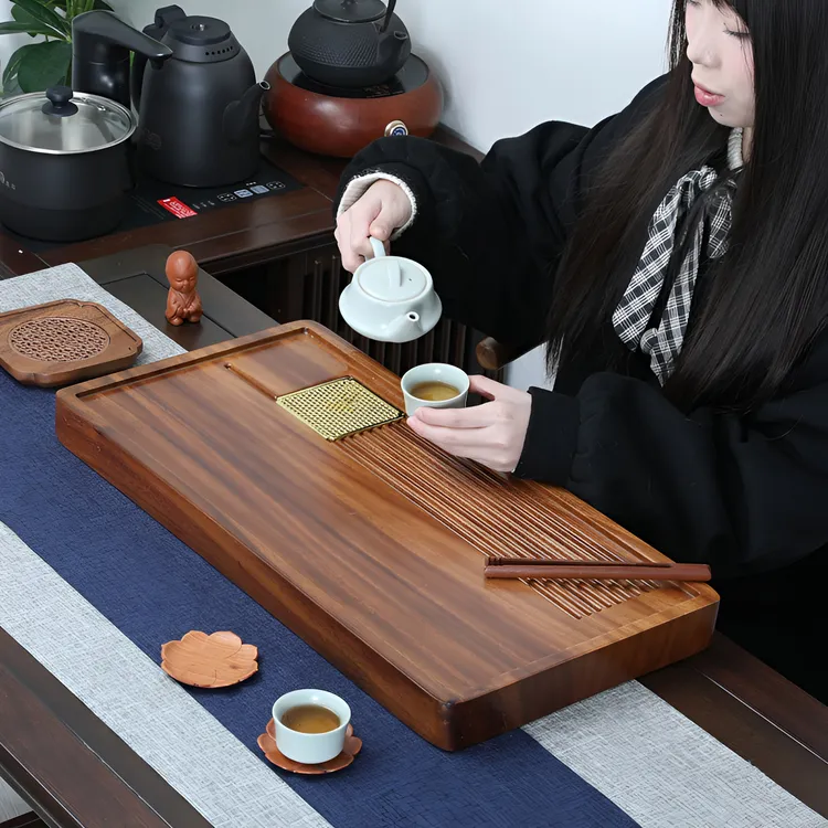 胡桃木排水式茶盘整块实木大号长方形泡茶台新中式干泡茶桌茶托盘
