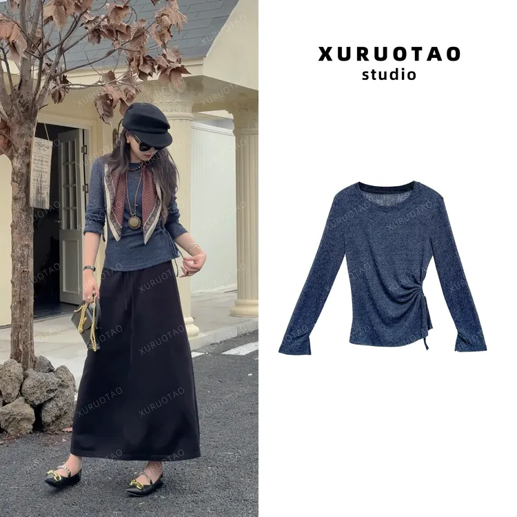 XURUOTAO 【薇澜】亚麻天丝不规则设计透感显瘦灰蓝色上衣 T5559