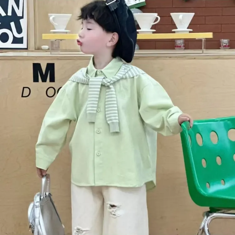 儿童韩版披肩衬衫裤子套装2025新款多色帅气上衣纯色裤子套装TX