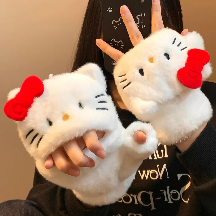 可爱kitty猫半指翻盖毛绒手套女秋冬保暖加绒可爱学生写字防寒冻