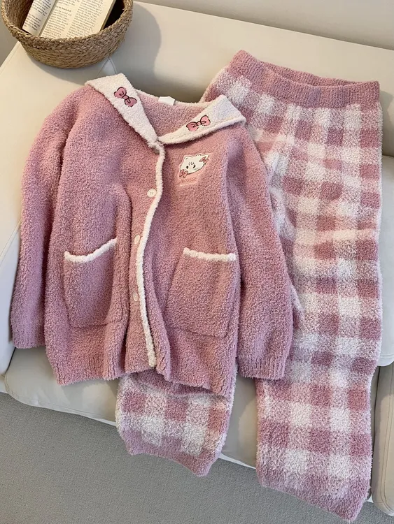 【DMXJ大梦想家】韩系针织半边绒睡衣女秋冬季款加绒保暖家居服套装