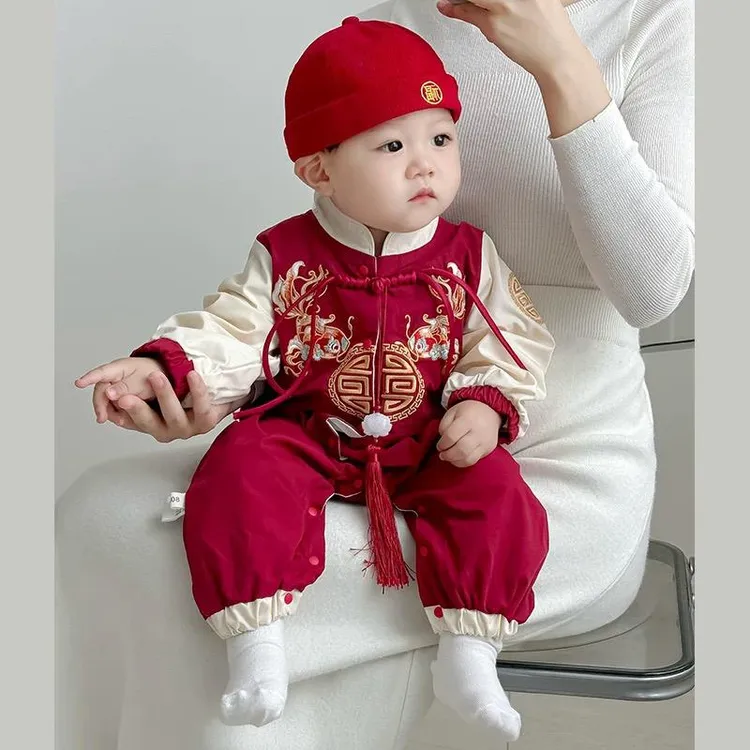婴儿衣服秋装中式国风百天一周岁礼服男女宝宝连身衣生日冠衣夏季
