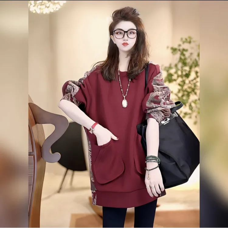 2025春秋新款红色加厚碎花拼接卫衣小众宽松百搭新中式女装上衣潮