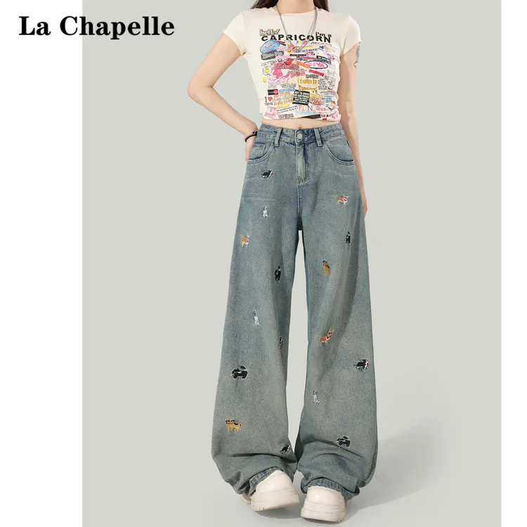 拉夏贝尔小狗刺绣宽松显瘦牛仔裤女2025秋季新款高腰阔腿垂感长裤