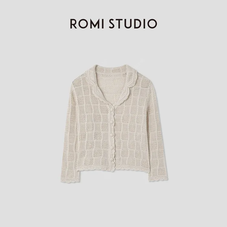 ROMI STUDIO“法式复古”手工钩织镂空棉质短款针织开衫 RWCRSZ3490