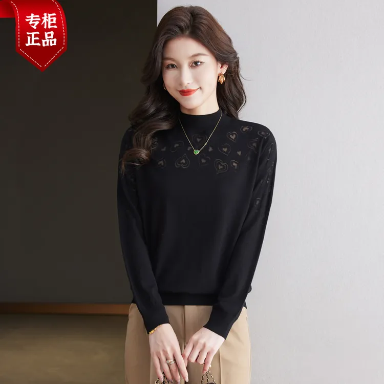 正品哥弟新款2025春秋新款羊毛衫减龄洋气黑色薄款花纹圆领打底衫