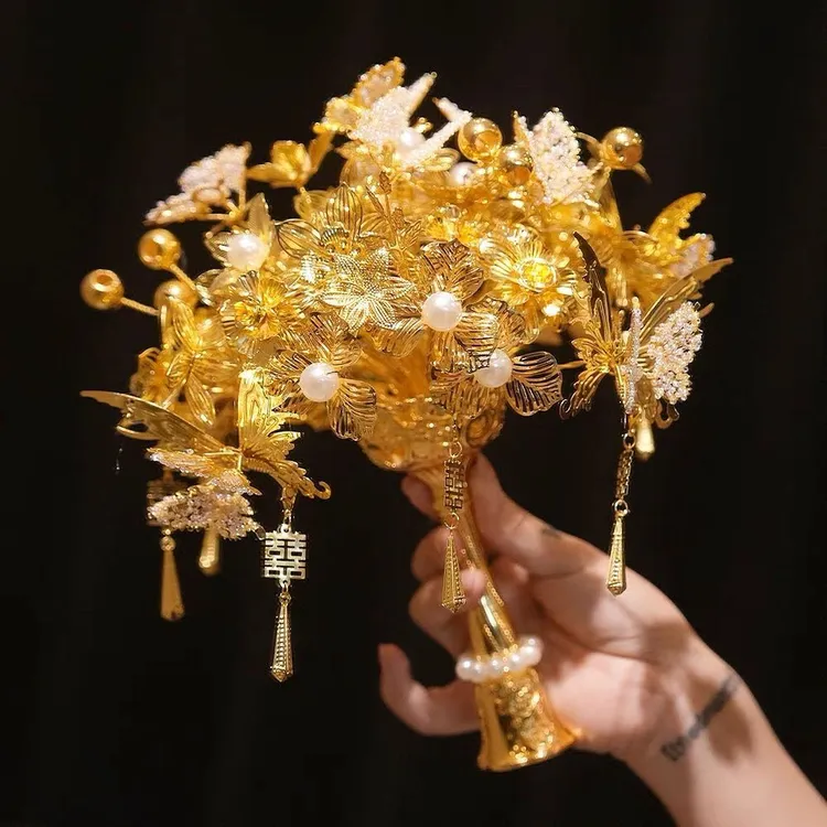 黄金色手捧花diy点翠材料包中式婚礼闺蜜新娘秀禾旗袍服结婚礼物