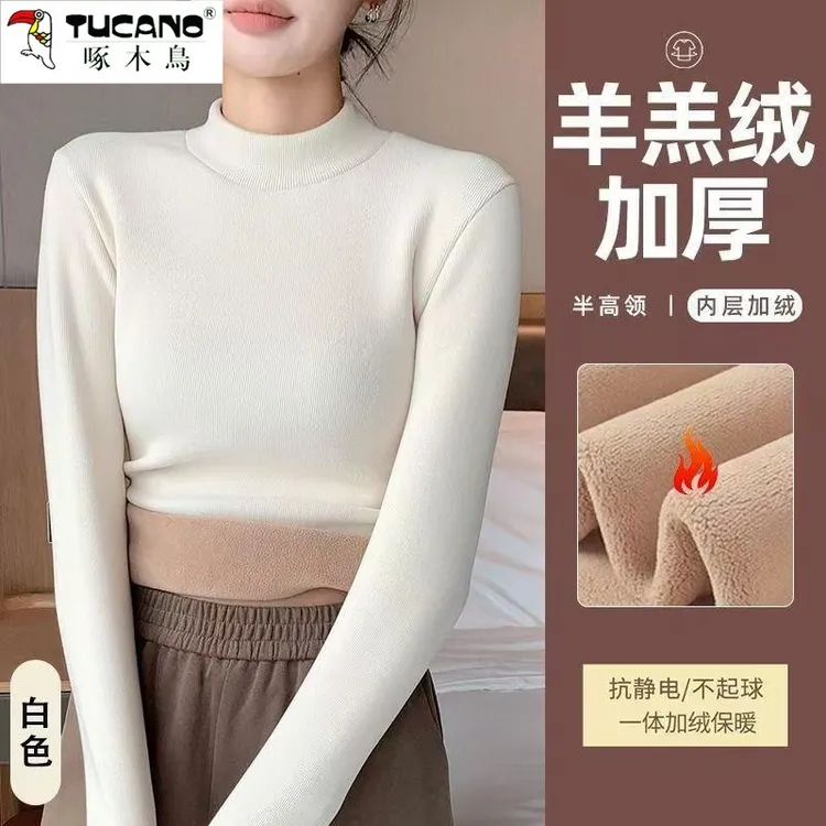啄木鸟2025年半高领打底衫女加绒加厚内穿冬季新款德绒内搭保暖衣