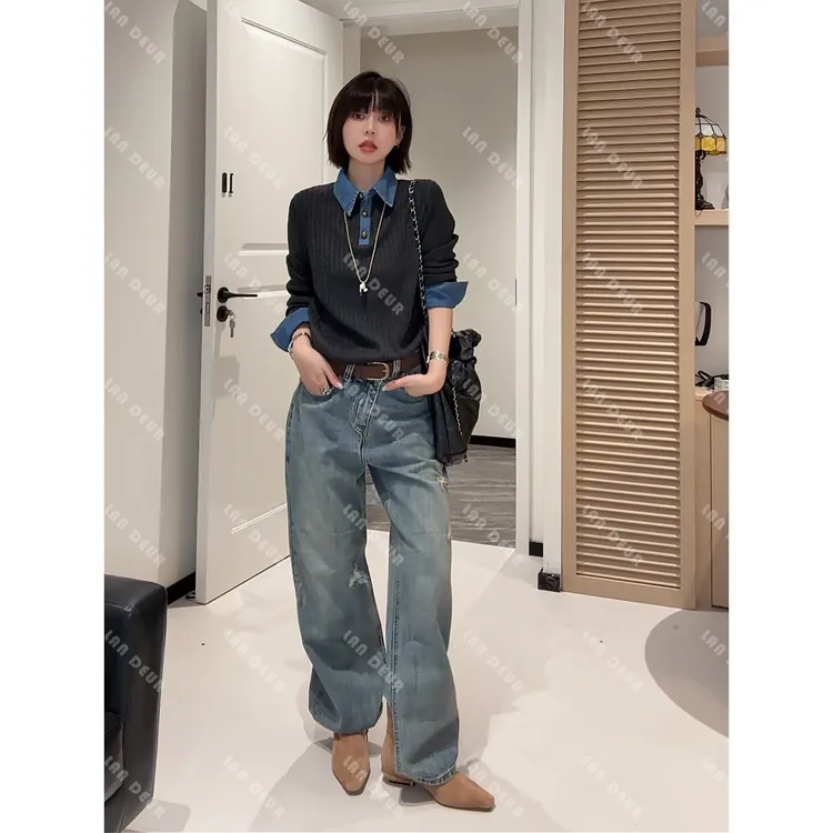 JIUJIU【莱茵时报】时尚简约美式复古破洞宽松显瘦牛仔裤女