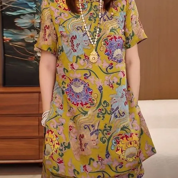 2025夏季新款女士黄色新中式国风盘扣休闲时尚上衣裤子复古两件套