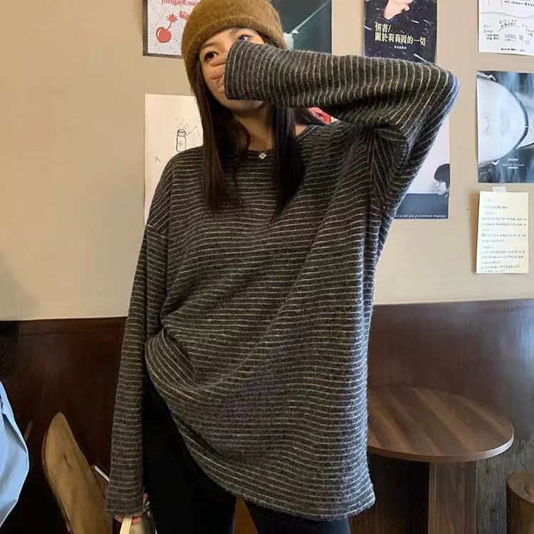 【运补4-5】韩系条纹T恤加厚磨毛聚暖慵懒风休闲上衣宽松T恤女装