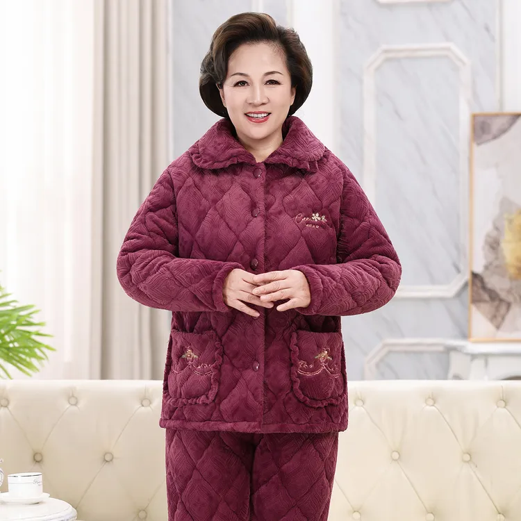 中老年人保暖女冬妈妈特厚蛋糕绒睡衣家居服套装冬装三层加厚夹棉