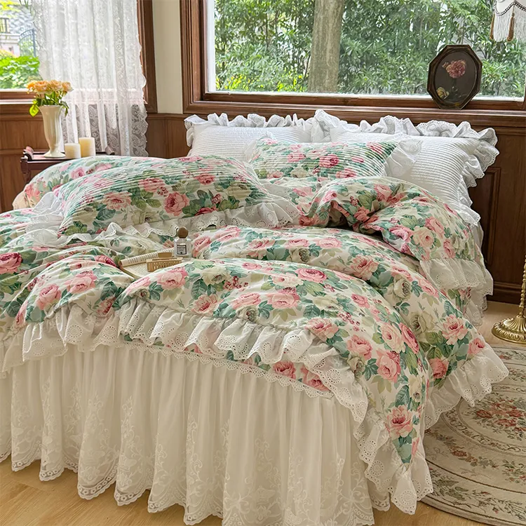 法式奢华床品纯棉四件套全棉公主风夹棉床裙防滑四件套复古风被套