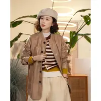 Y【叭哒不惑】 小核桃  油蜡羊皮复古圆领皮衣女时尚宽松上衣外套