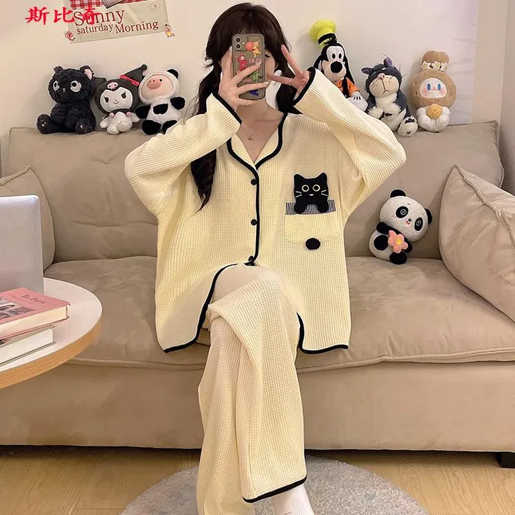 斯比奇小黑猫格睡衣女长袖春秋季可爱卡通大尺码开衫家居服可外穿