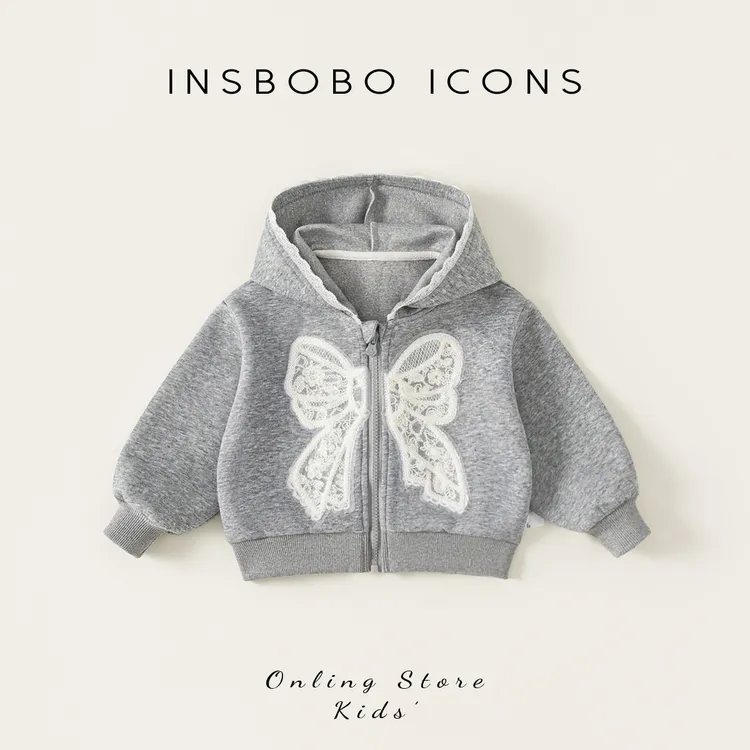 INSbobo女童蝴蝶结秋季新品连帽花边蝴蝶结贴布绣卫衣外套QY25069