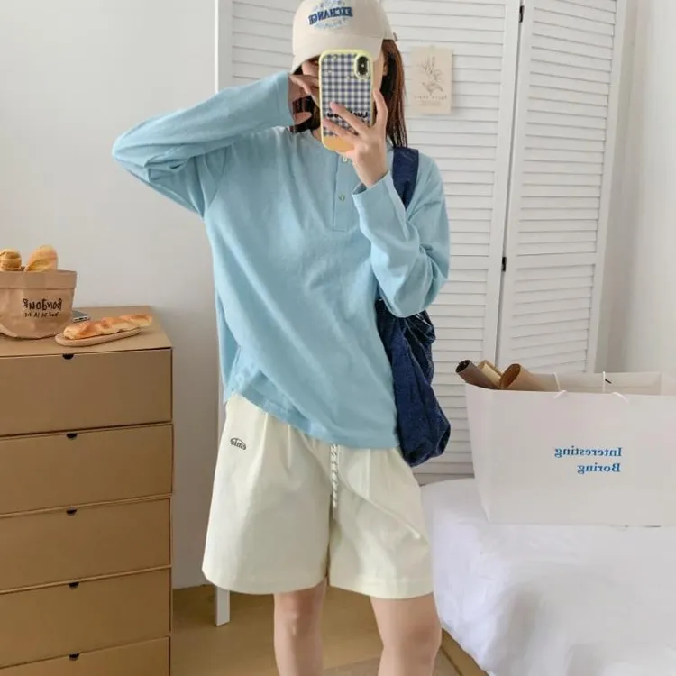 【粉粉专享】贝壳扣刺绣长袖薄款宽松休闲显瘦韩版罩衫防晒T恤白色