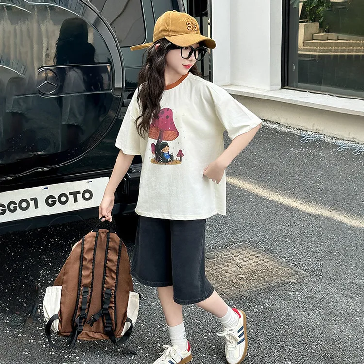 女童短袖韩版洋气夏季儿童百搭女孩牛仔短裤套装2025中大童5-15岁